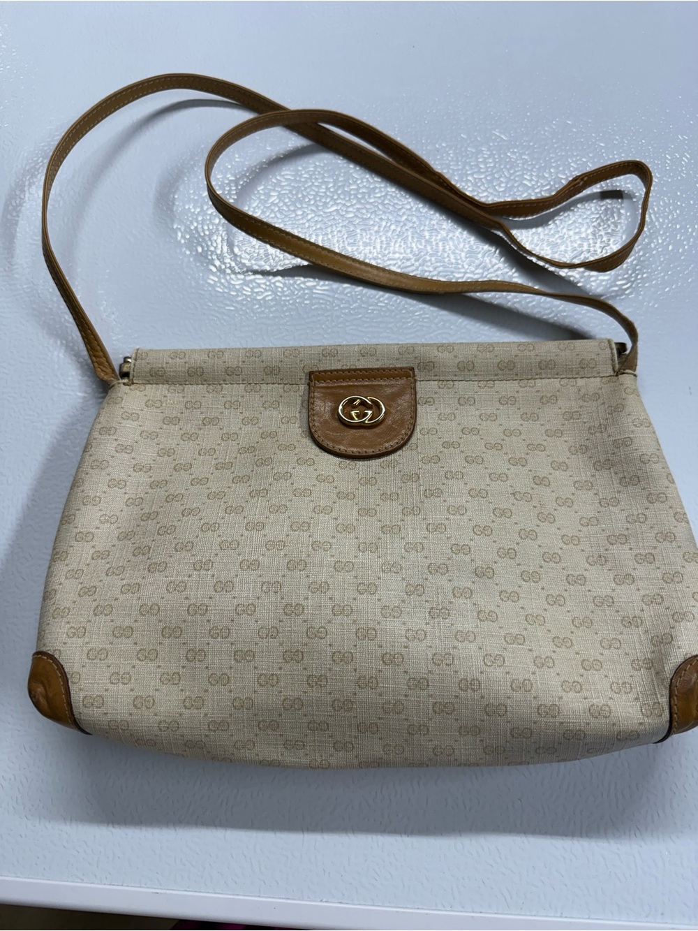 Gucci Beige Monogram Canvas Shoulder Bag with Brown Trim and Gold Hardware
